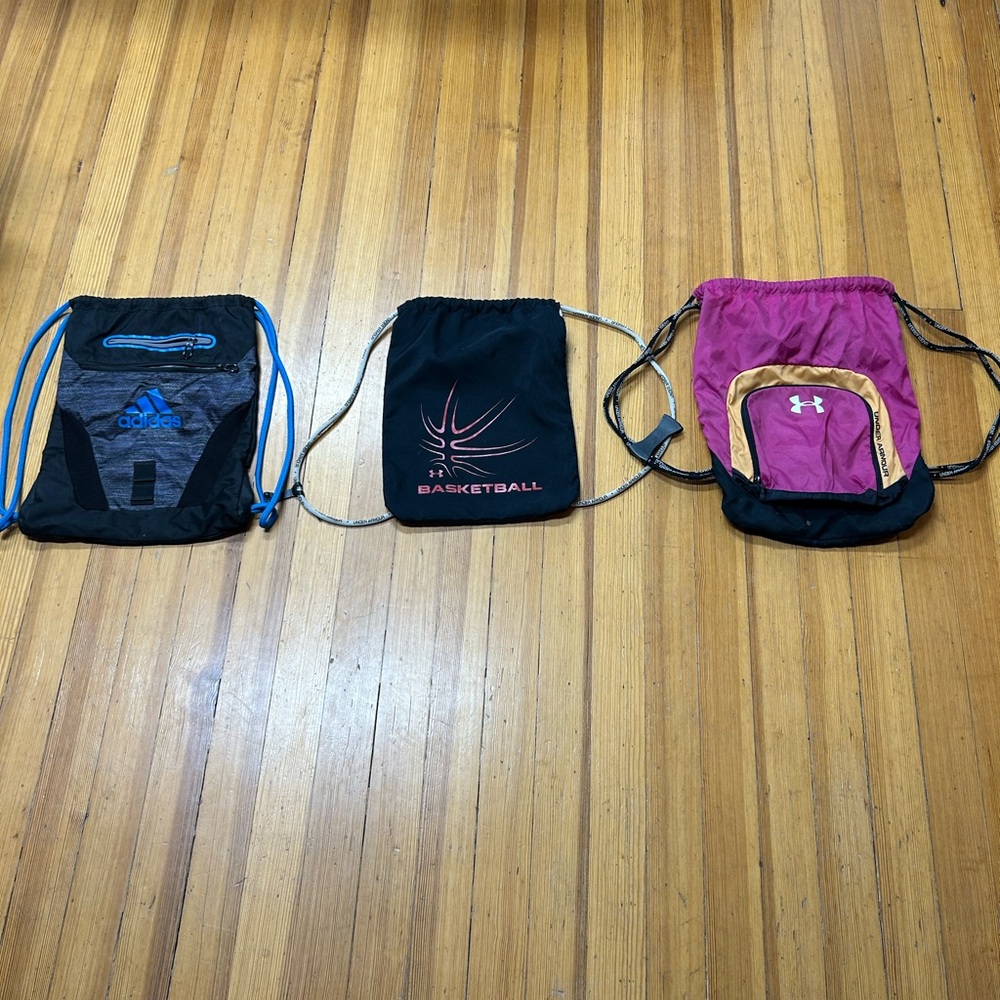 Set of Three Drawstring Bags - Black, Pink, Blue